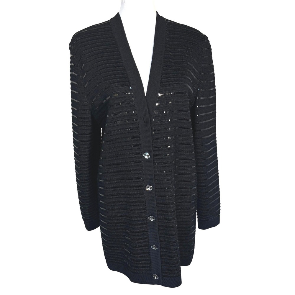 ST. JOHN EVENING Women's 10 Black Sequin Stripe Knit Cardigan Crystal Buttons